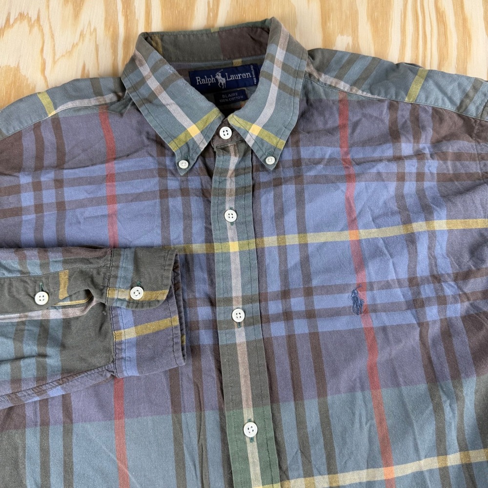 Ralph Lauren Blaire Mens Large Plaid Button Down Shirt Blue‎ Green Cotton Pony